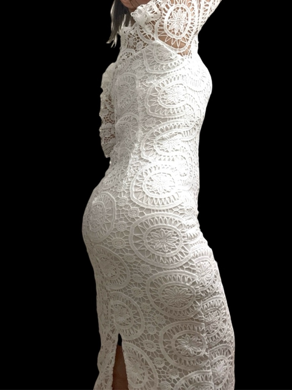 SHEIN White Crochet Lace Midi Dress Medium New with Tags Back Zip & Slit